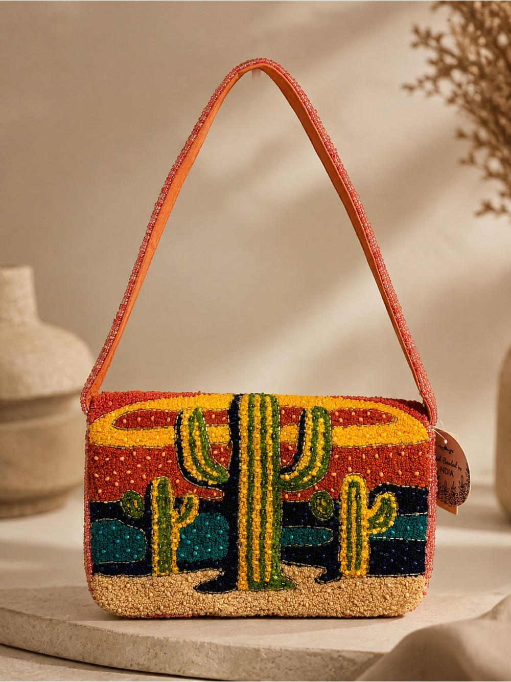 Hand-Beaded Desert Cactus Shoulder Bag